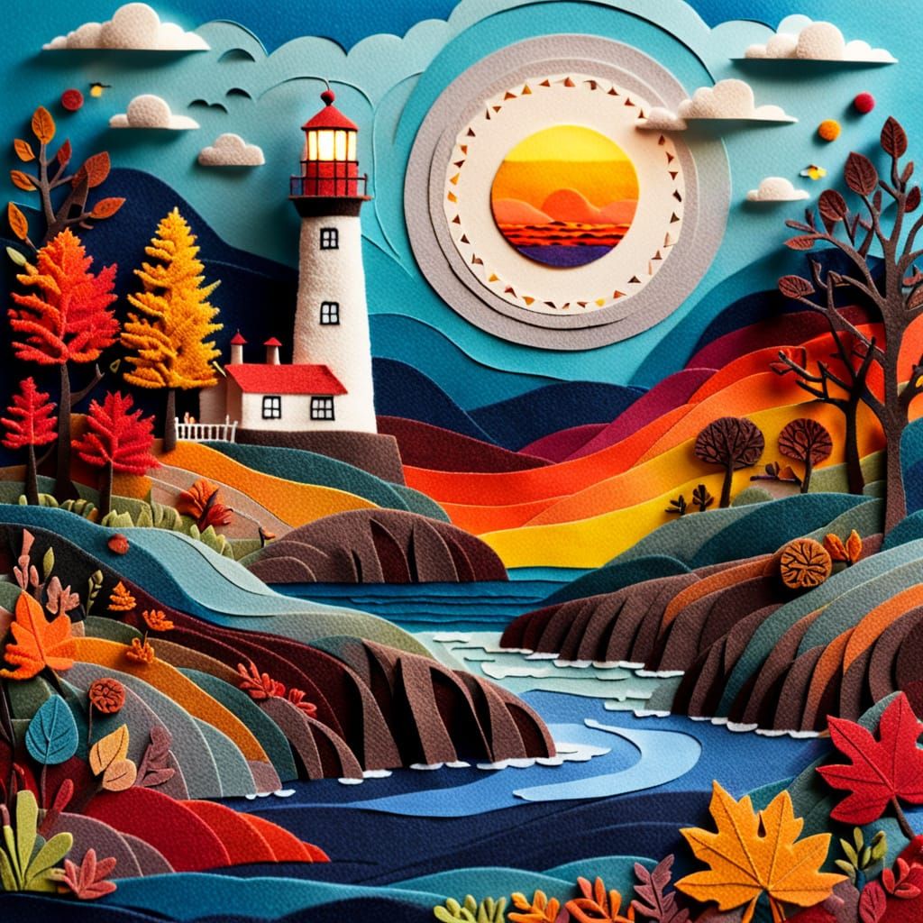 Fuzzy Felt Autumn Seascape Sunset Collage