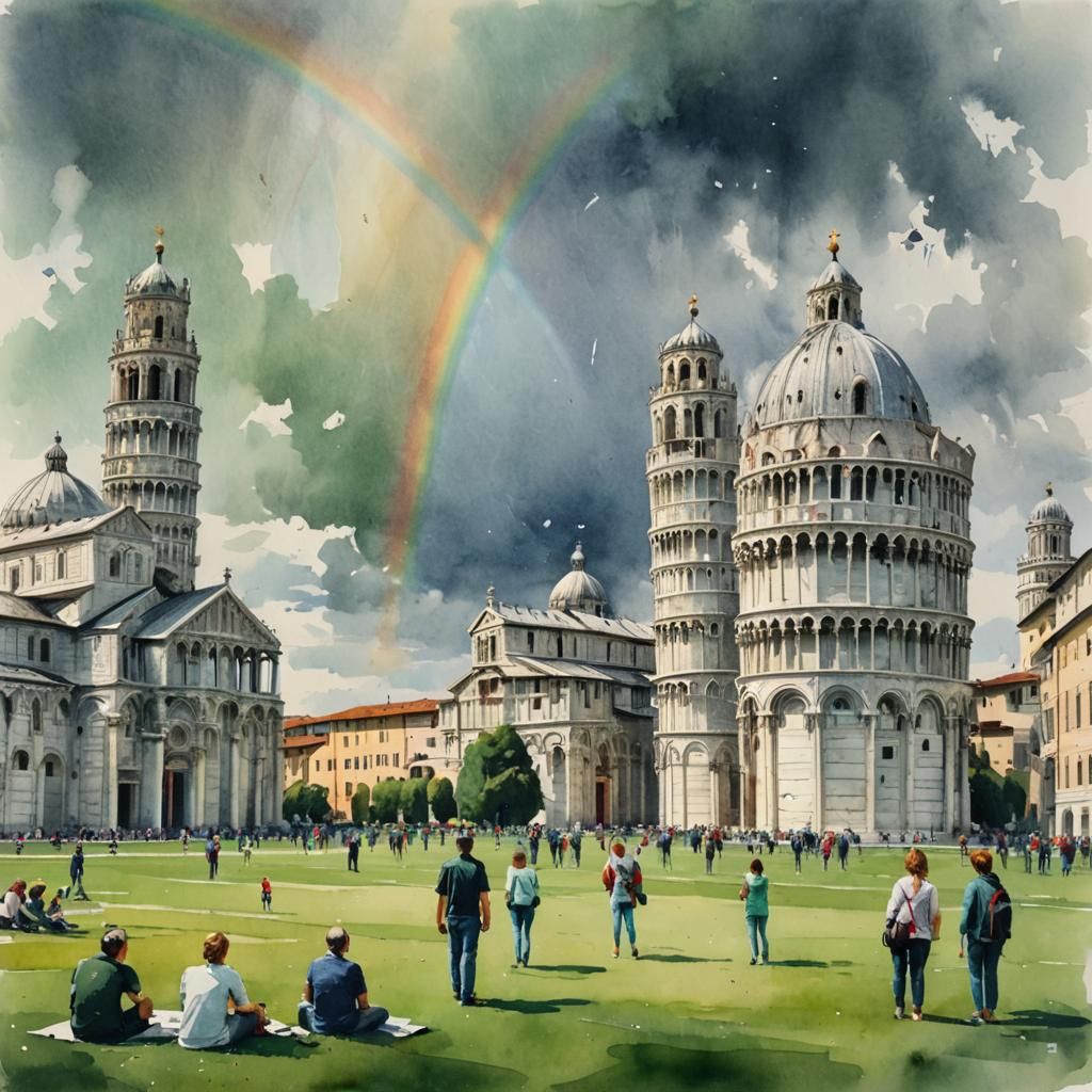 Pisa Piazza dei Miracoli in Ink Painting Style