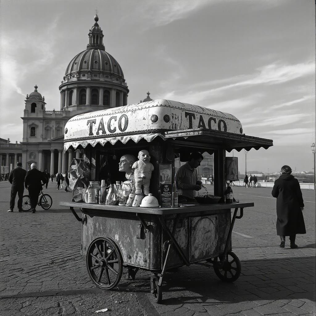 Surreal Taco Cart at Vatican in Silver Nitrate Photo Style