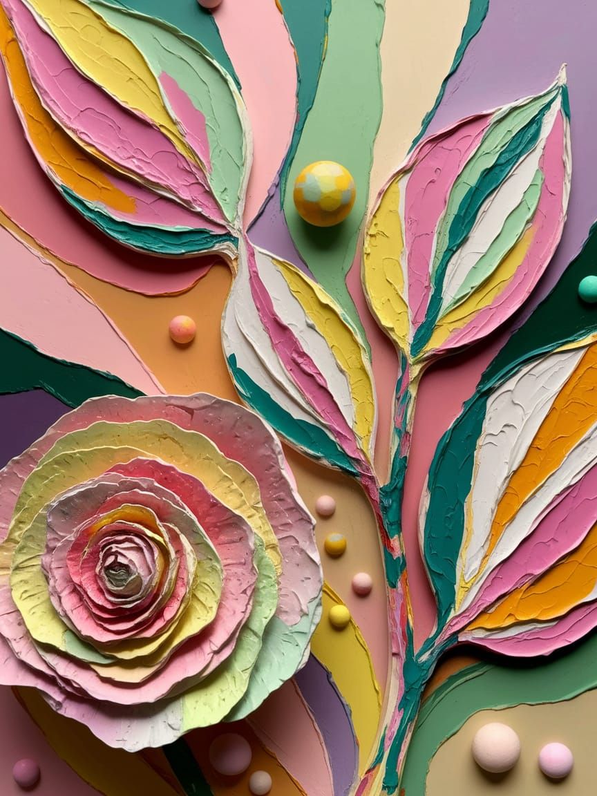 Impressionistic Rose and Leaves with Pastel Colors