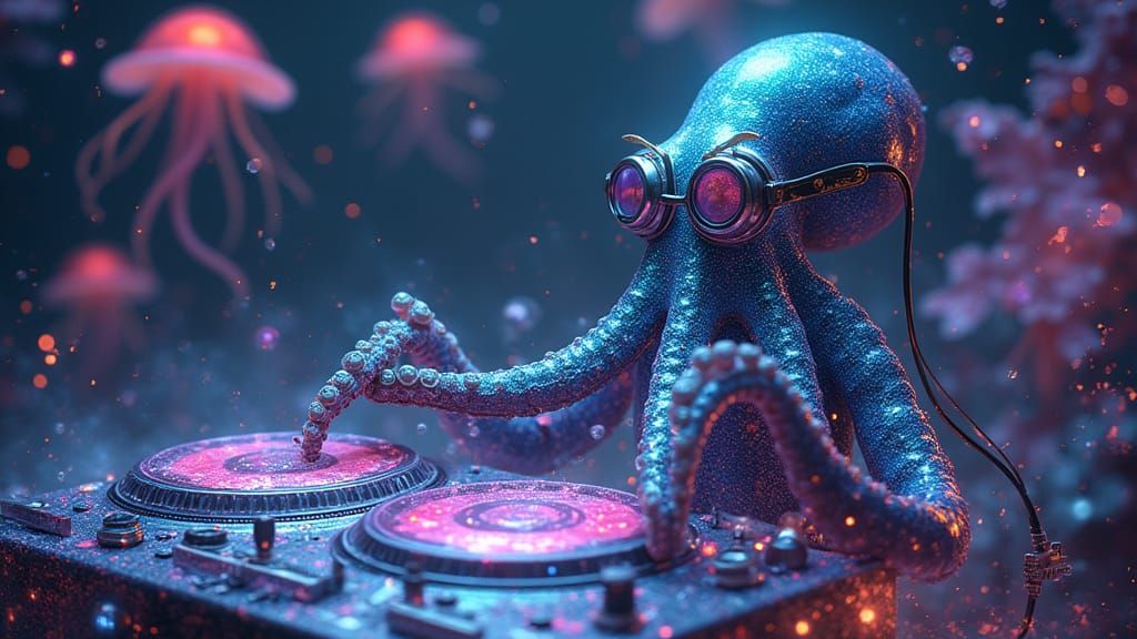 Bioluminescent Octopus DJ in Surreal Soap Bubble