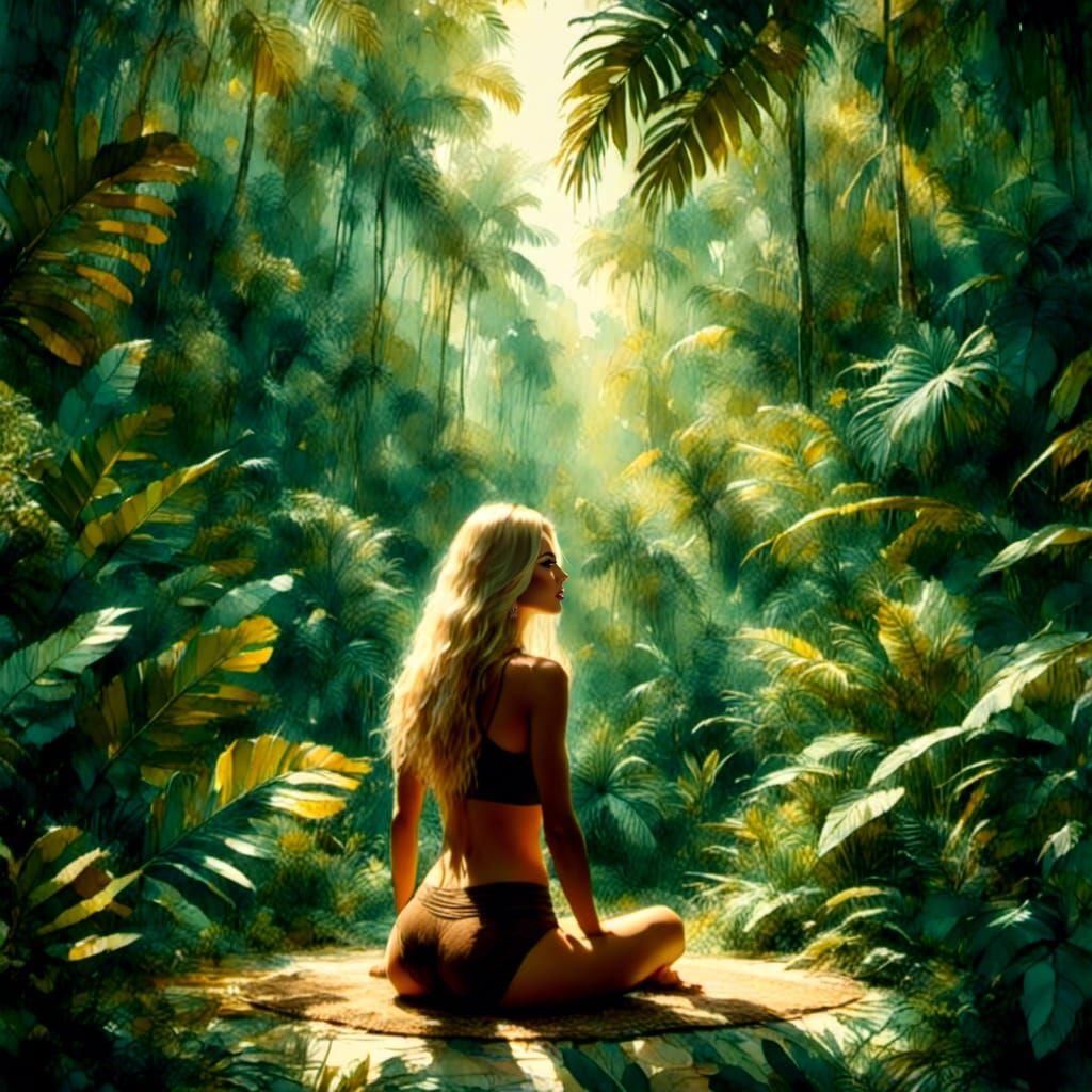 Woman in Tropical Garden Doing Yoga in Ink Watercolor