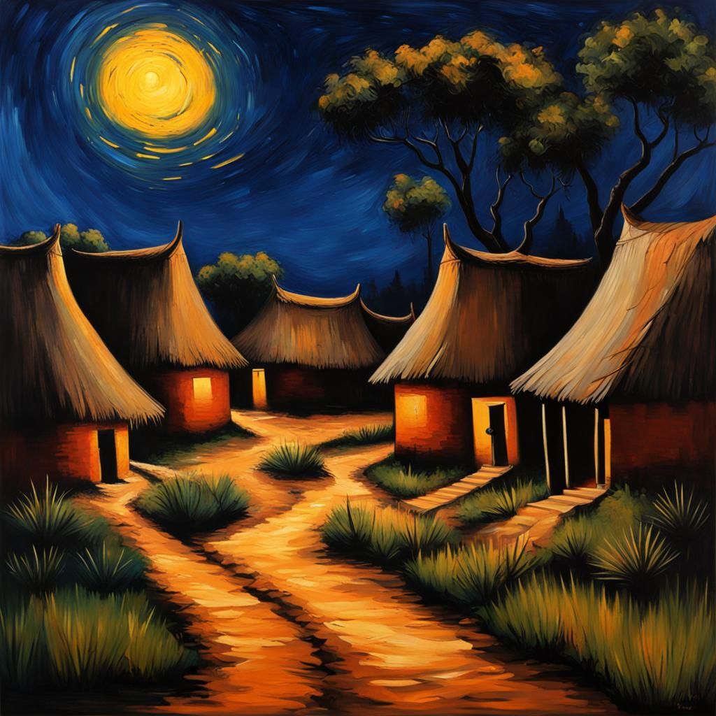 African Village Painting in Starry Night Style