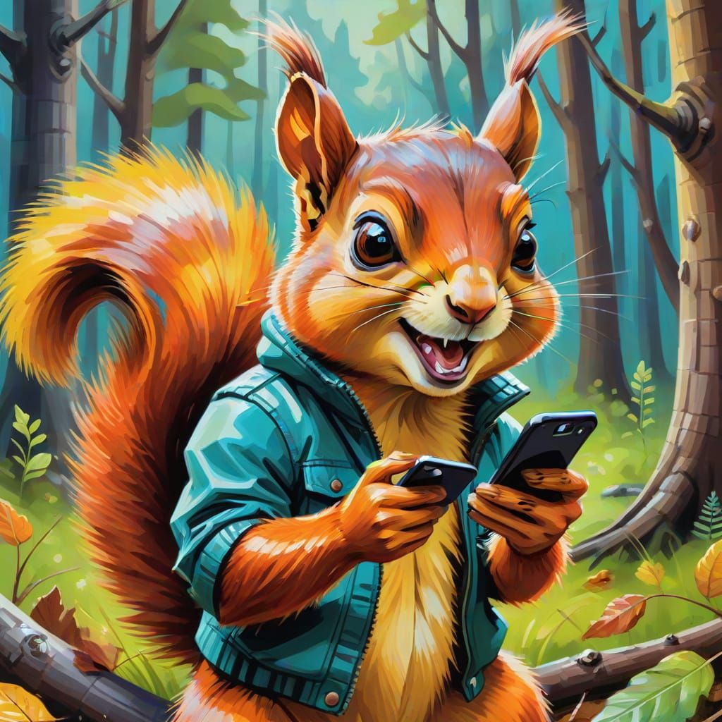 Mischievous Squirrel Steals iPhone: Caricature Oil Painting