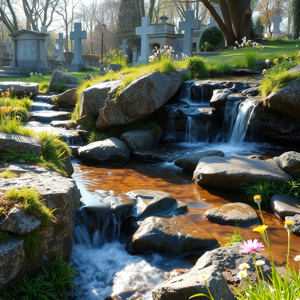 Spring Waterfall in Graveyard with Wildflowers