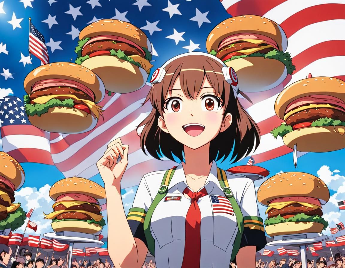Anime Girl Celebrates with Burgers and American Pride
