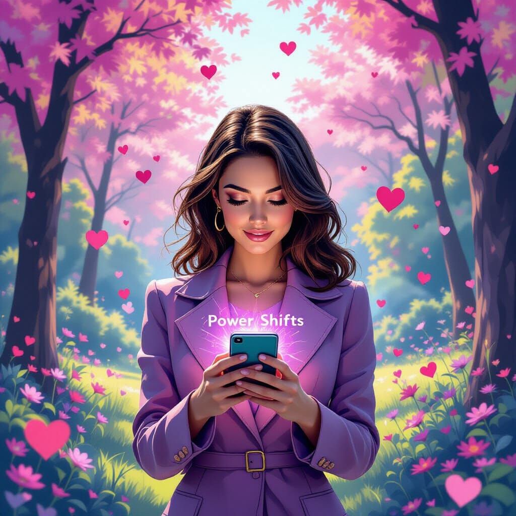 Woman with Smartphone in Surreal Park Landscape