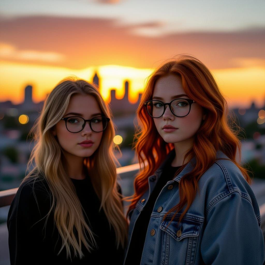 Two Girls in Town at Golden Hour Cinematic Film Still