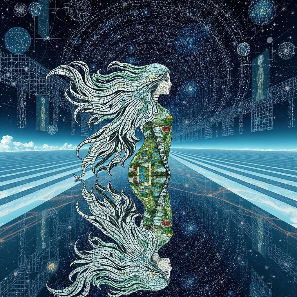 Mosaic Woman in Mirrored Labyrinth: Surreal Bio-Art