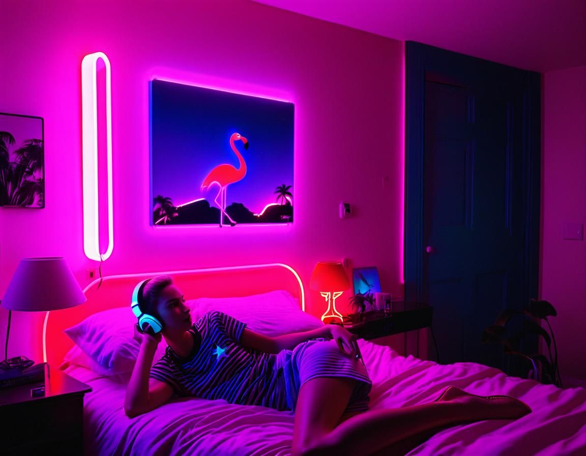 Woman in Neon Lit Bedroom Film Still