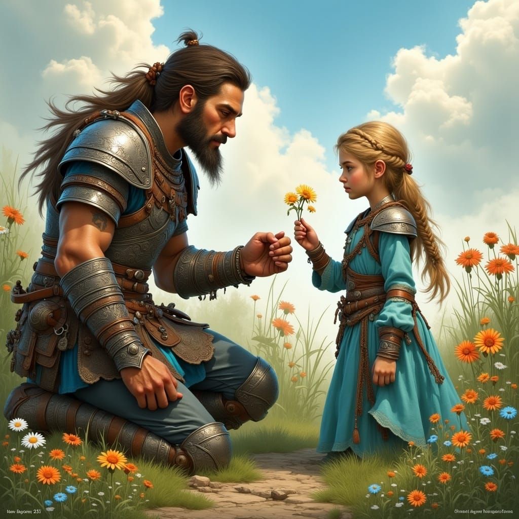 Warrior and Girl in Field of Flowers