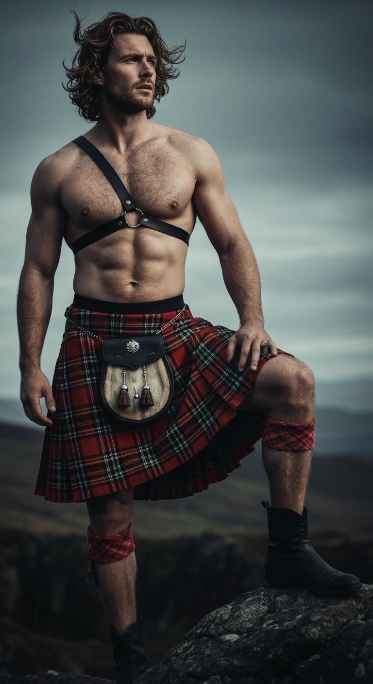 Rugged Highlander in Kilt and Harness Gazes at Horizon