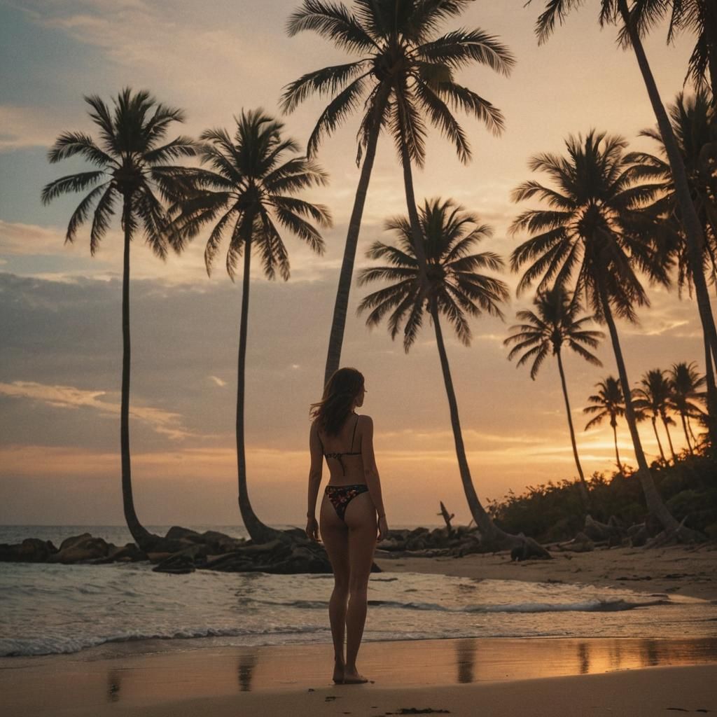 Solitary Woman on Beach at Sunset: Cinematic Still