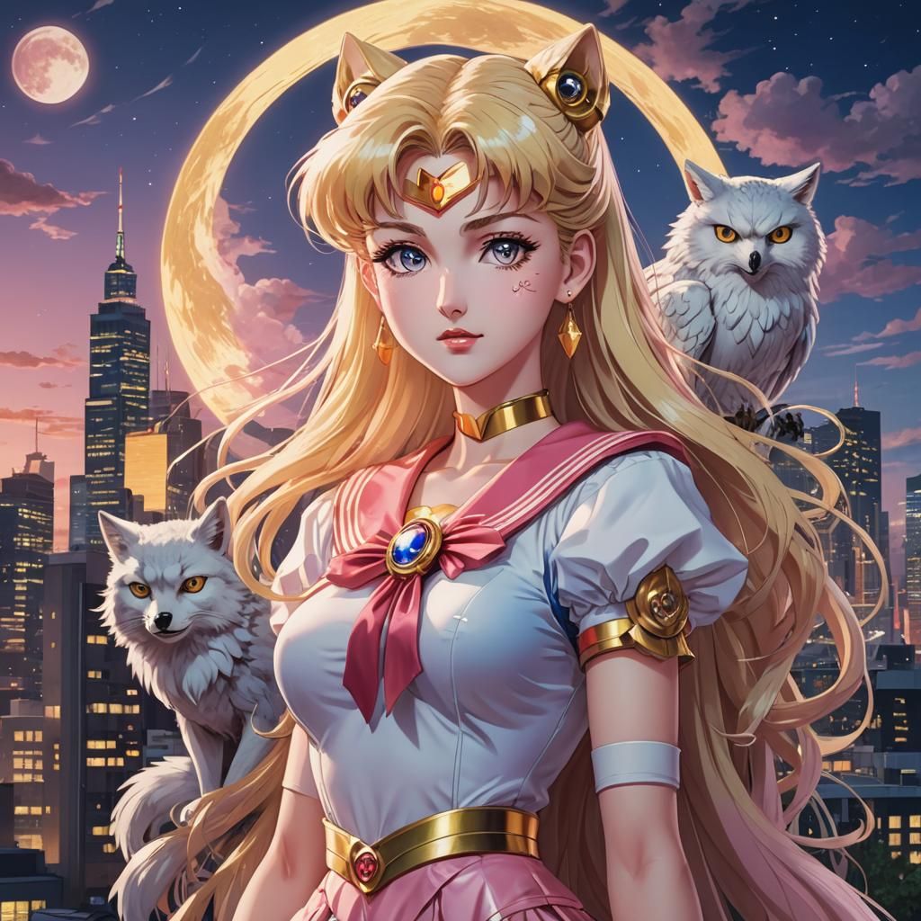 Sailor Moon Anime Style with Owl and Wolf
