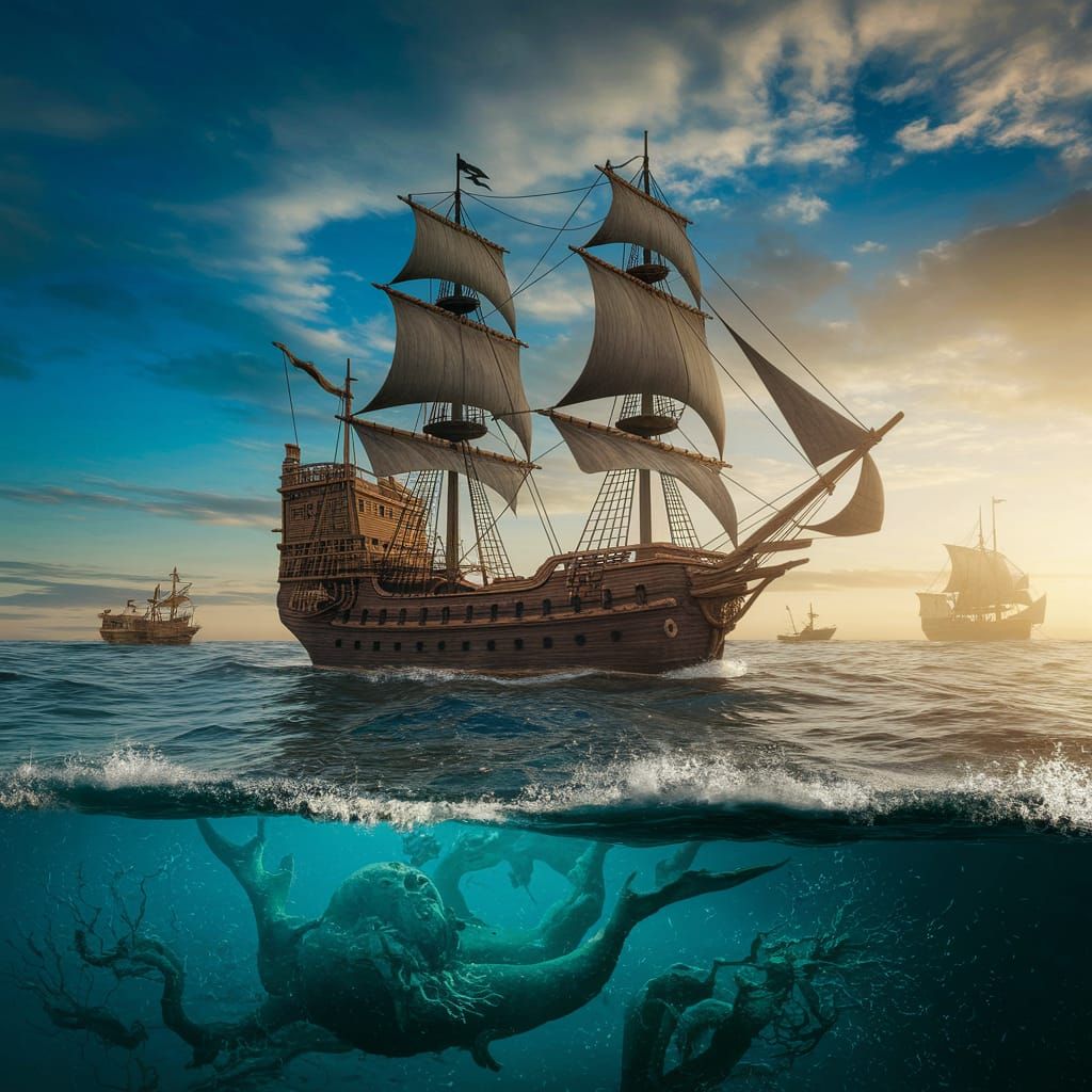 Pirate Ship on the Sea with Lovecraftian Horror