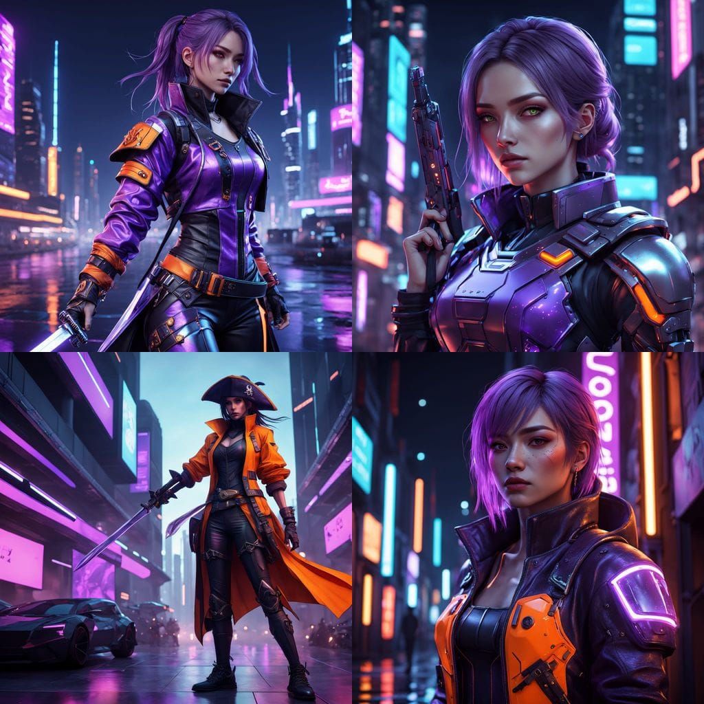 Cyberpunk Pirate Assassin in a Vibrant Purple and Orange Out...