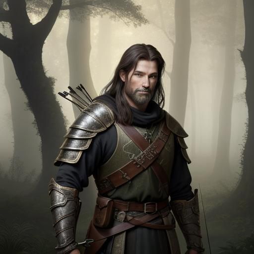 Warrior with Crossbow in Misty Forest Oil Painting