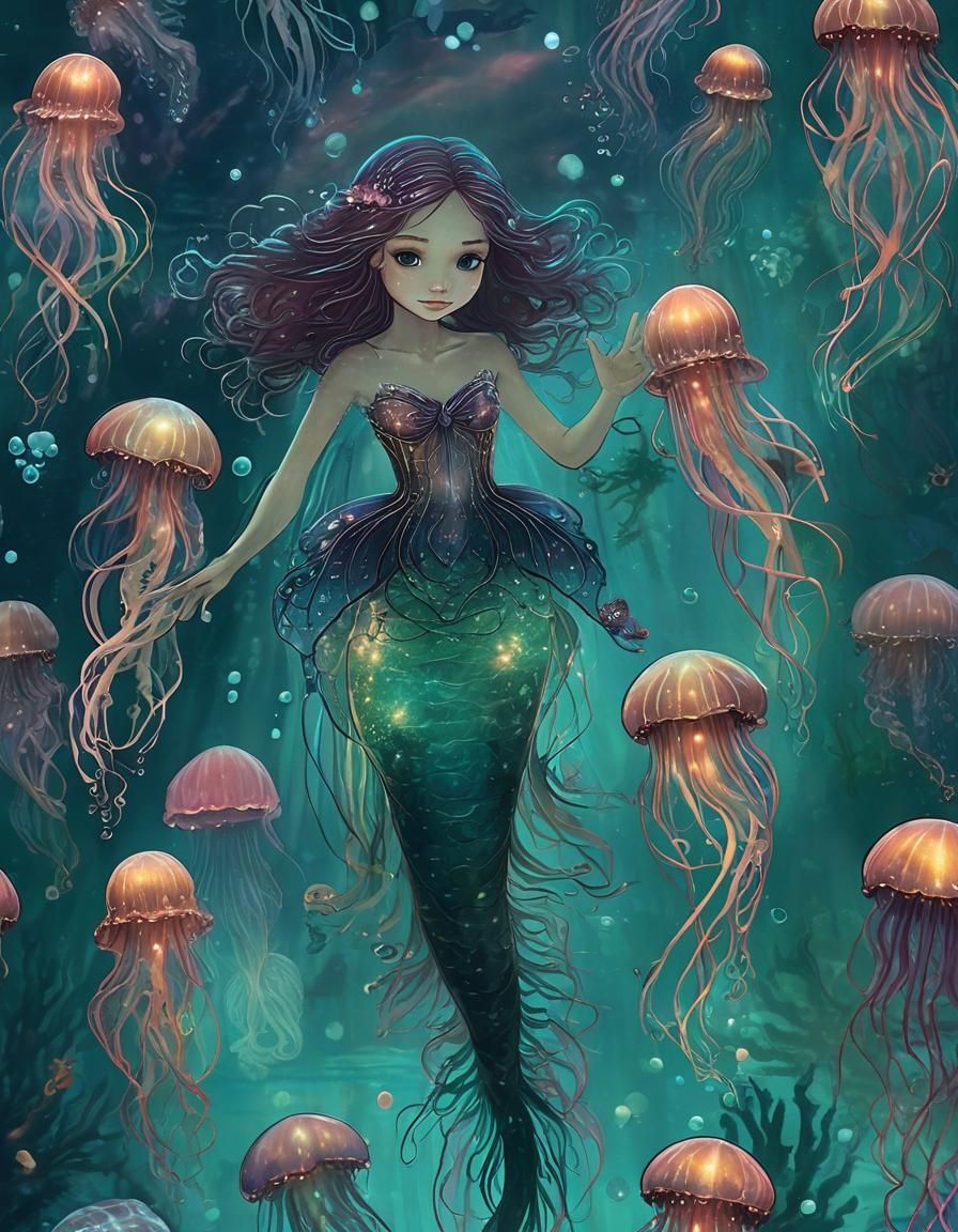 Glowing Jellyfish Mermaid: Underwater Digital Art
