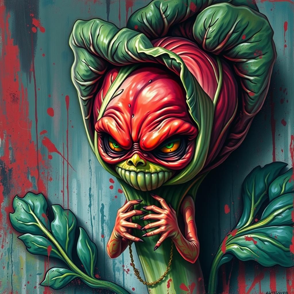 Cabbage-Head Human in Graffiti Art Style