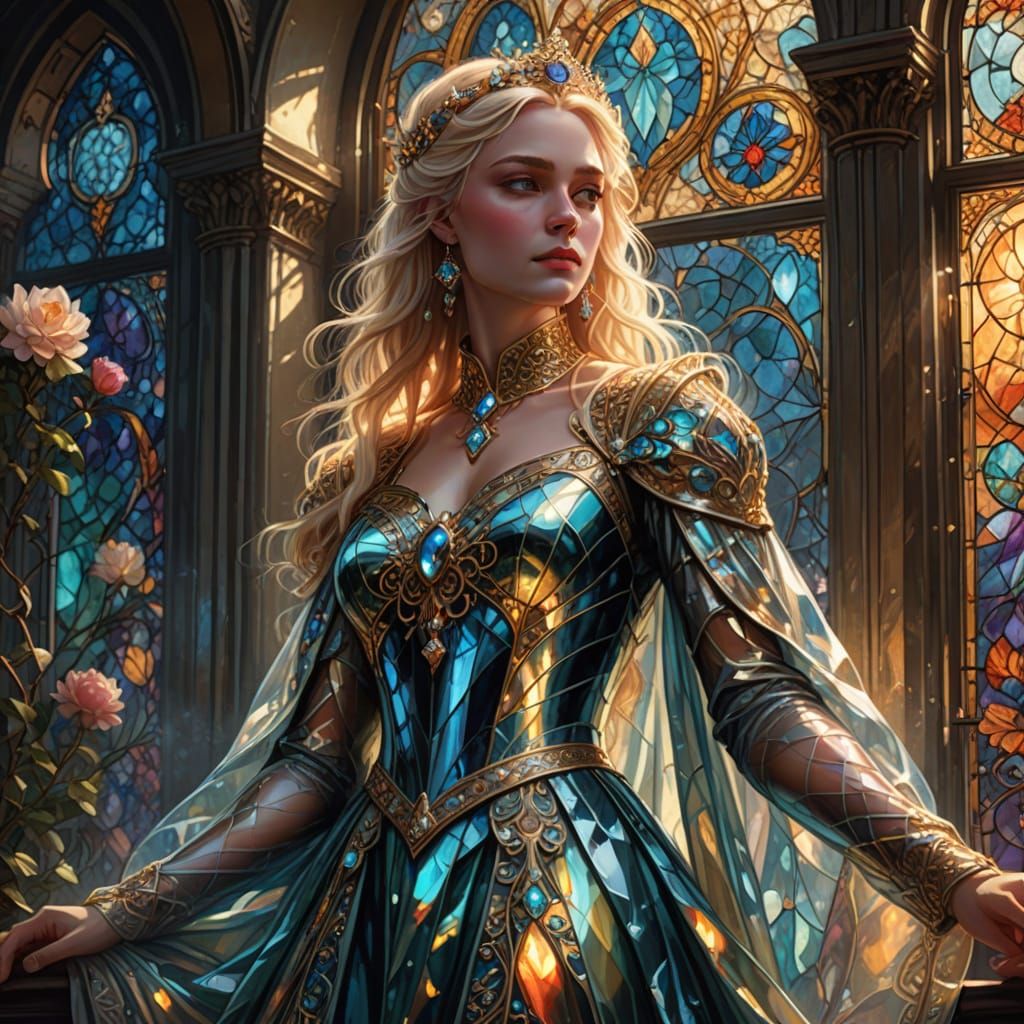 Regal Queen in Iridescent Glass Dress Overlooking Dancers