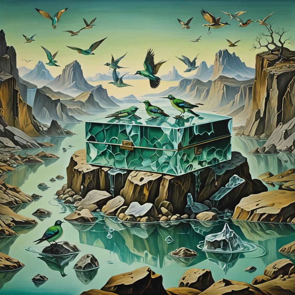 Surreal Frozen Landscape with Birds, Dali Style