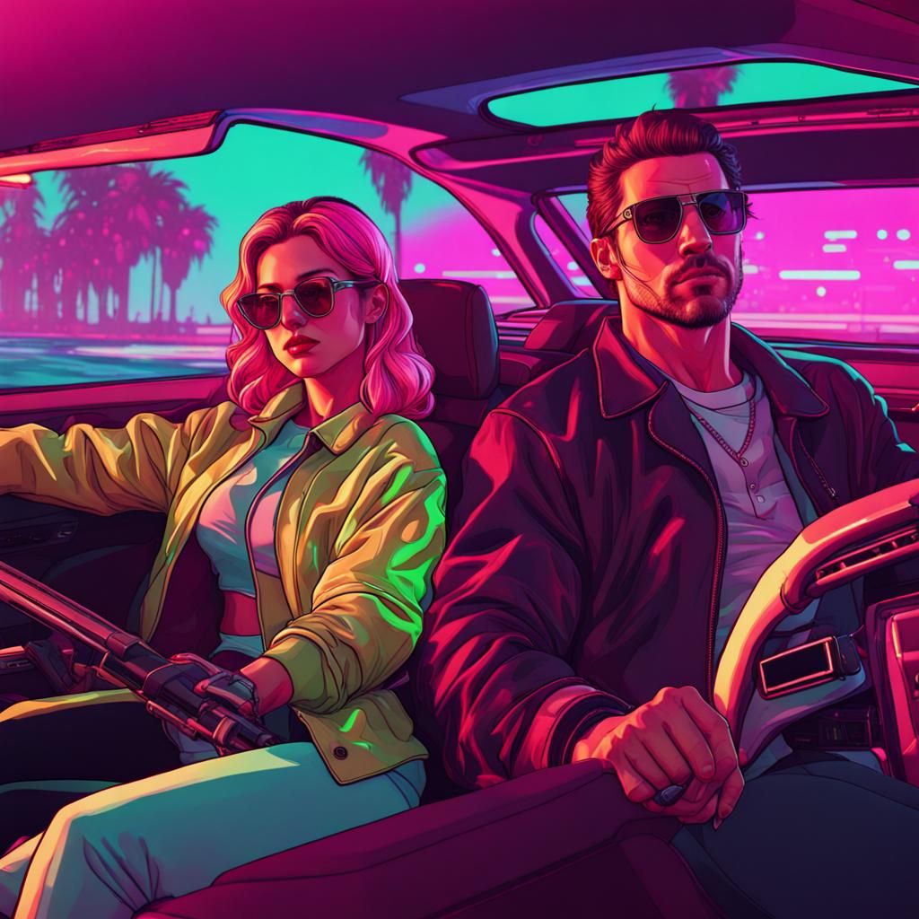 Jason and Lucia in Synthwave Neon Car