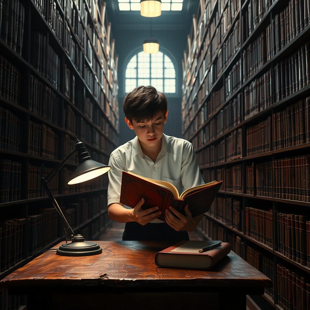 Boy Studies Physics in Library, Fantasy Concept Art