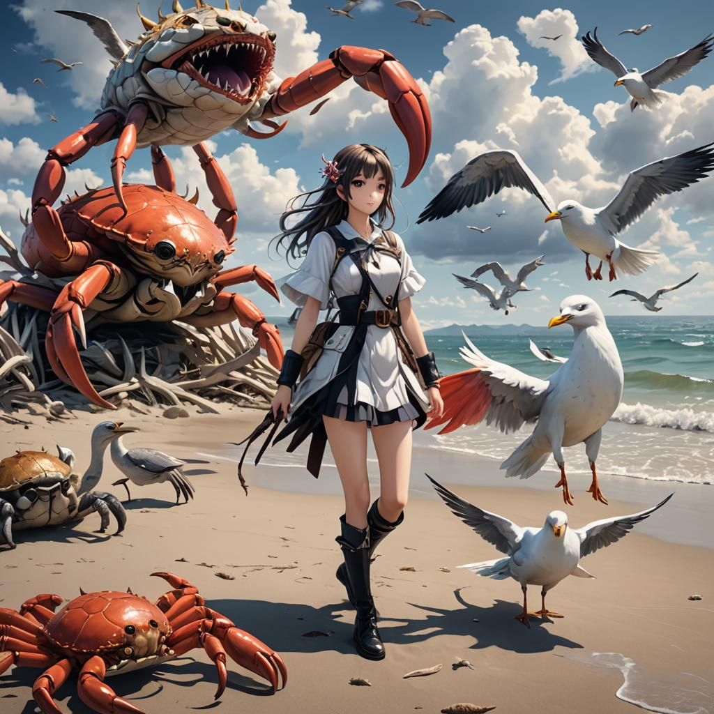 Anime girl at the beach with a seagull and a giant crabs. Al...