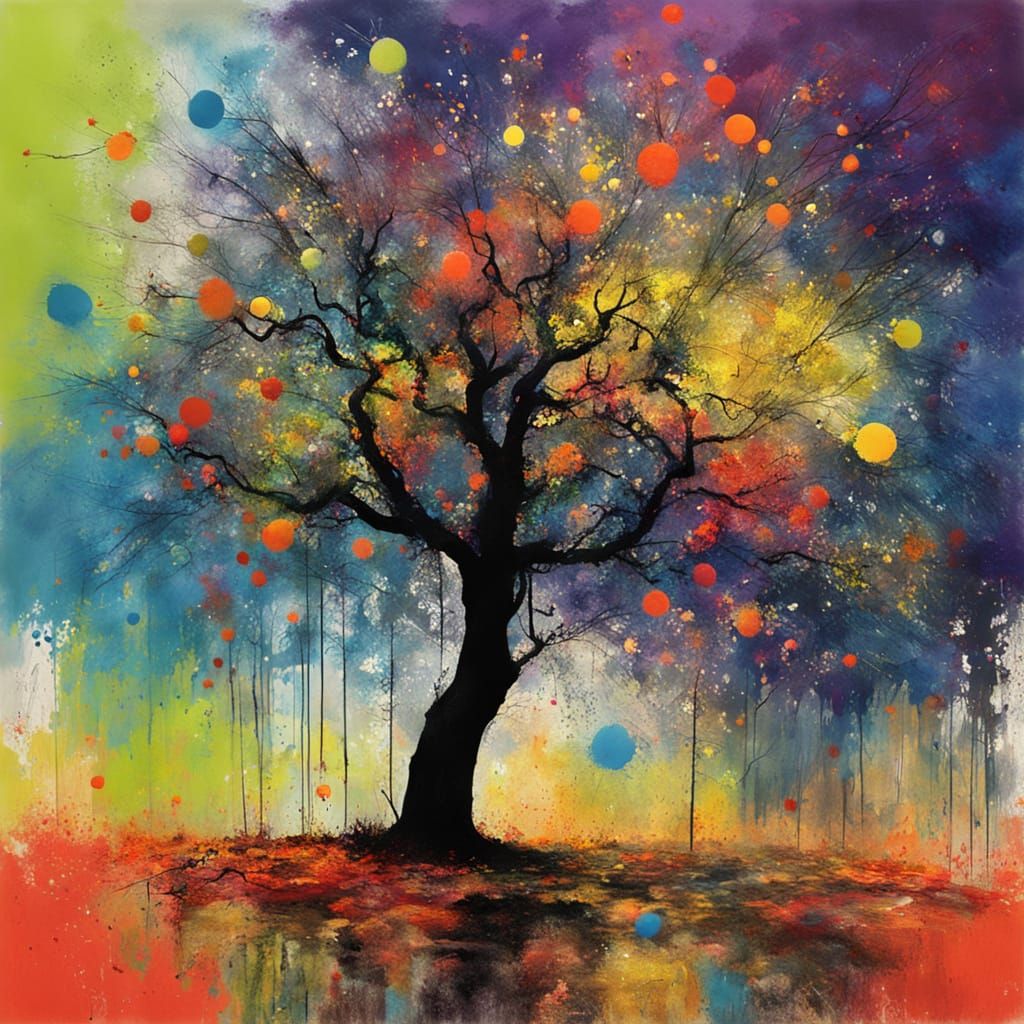 Ominous Tree with Bright Color Splashes in Mixed Media