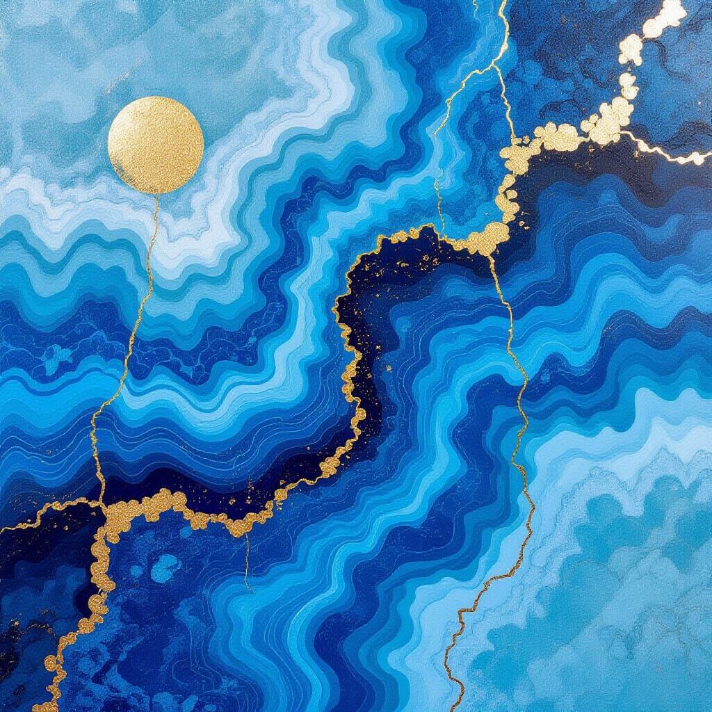 Blue Textures Repaired with Gold Kintsugi Art