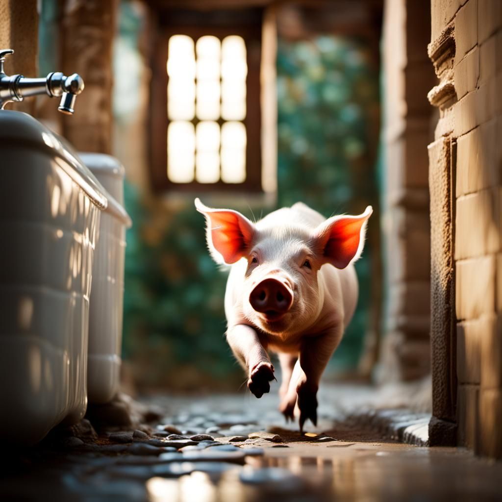 Pig Runs Through Ancient Bathroom Photo