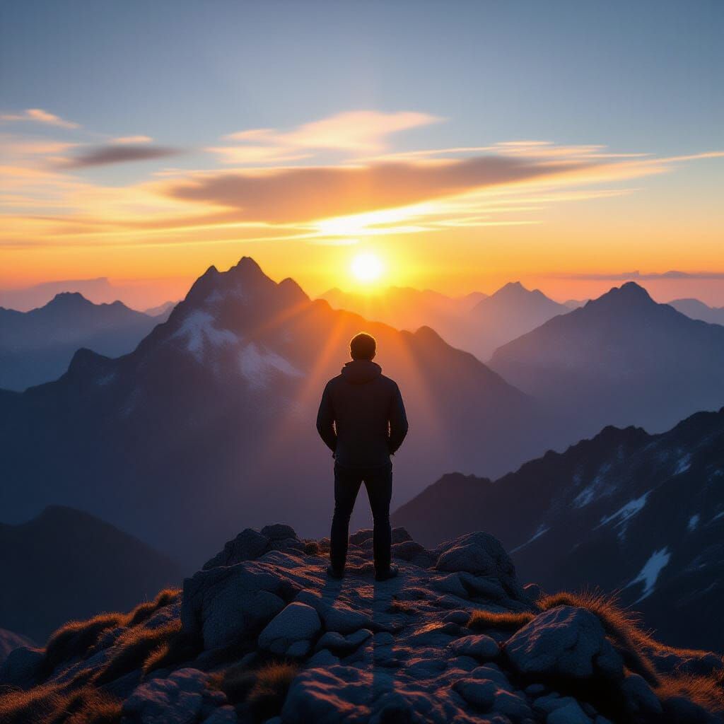 Lone Figure on Mountain Peak at Sunrise