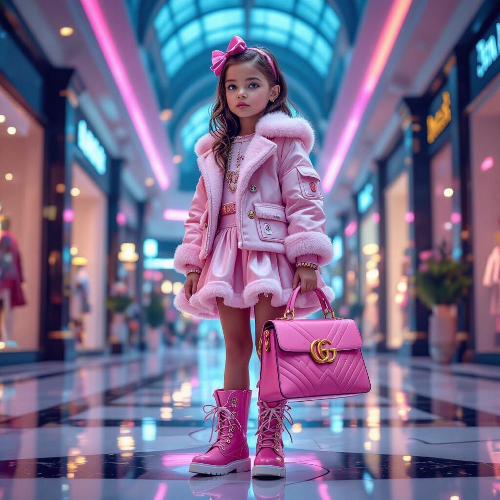 Girl in Pink Gucci Outfit at Luxury Mall