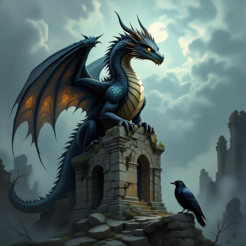 Majestic Dragon on Ancient Ruin: Dark Fantasy Art