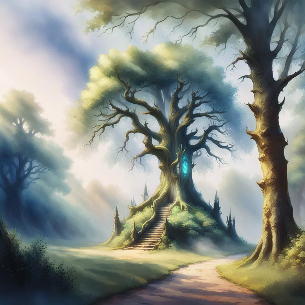 Mystical Tree in Shimmering Forest: Fantasy Concept Art