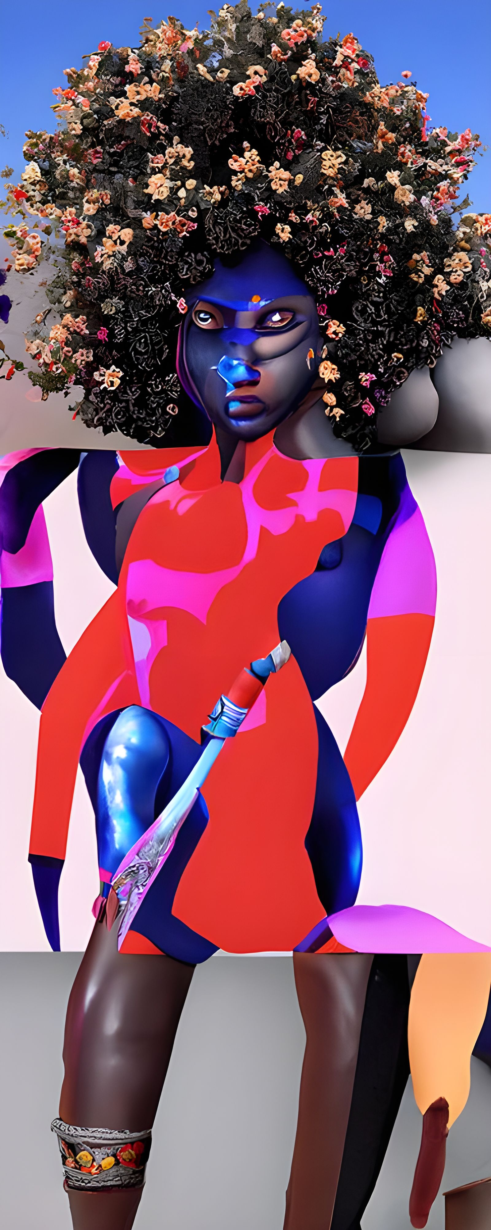 Afrofuturistic Gladiator Woman with Flowers