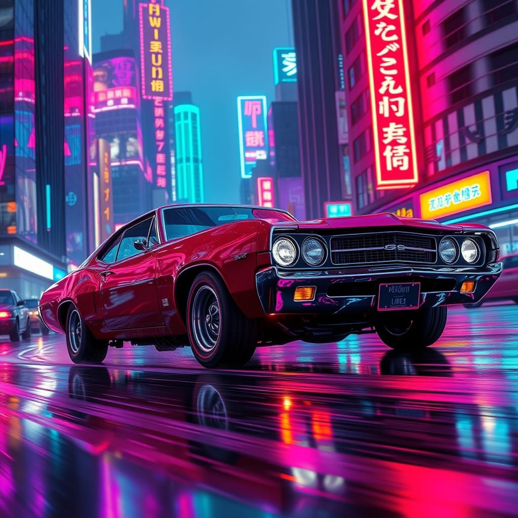 Cyberpunk Muscle Car in Neon City