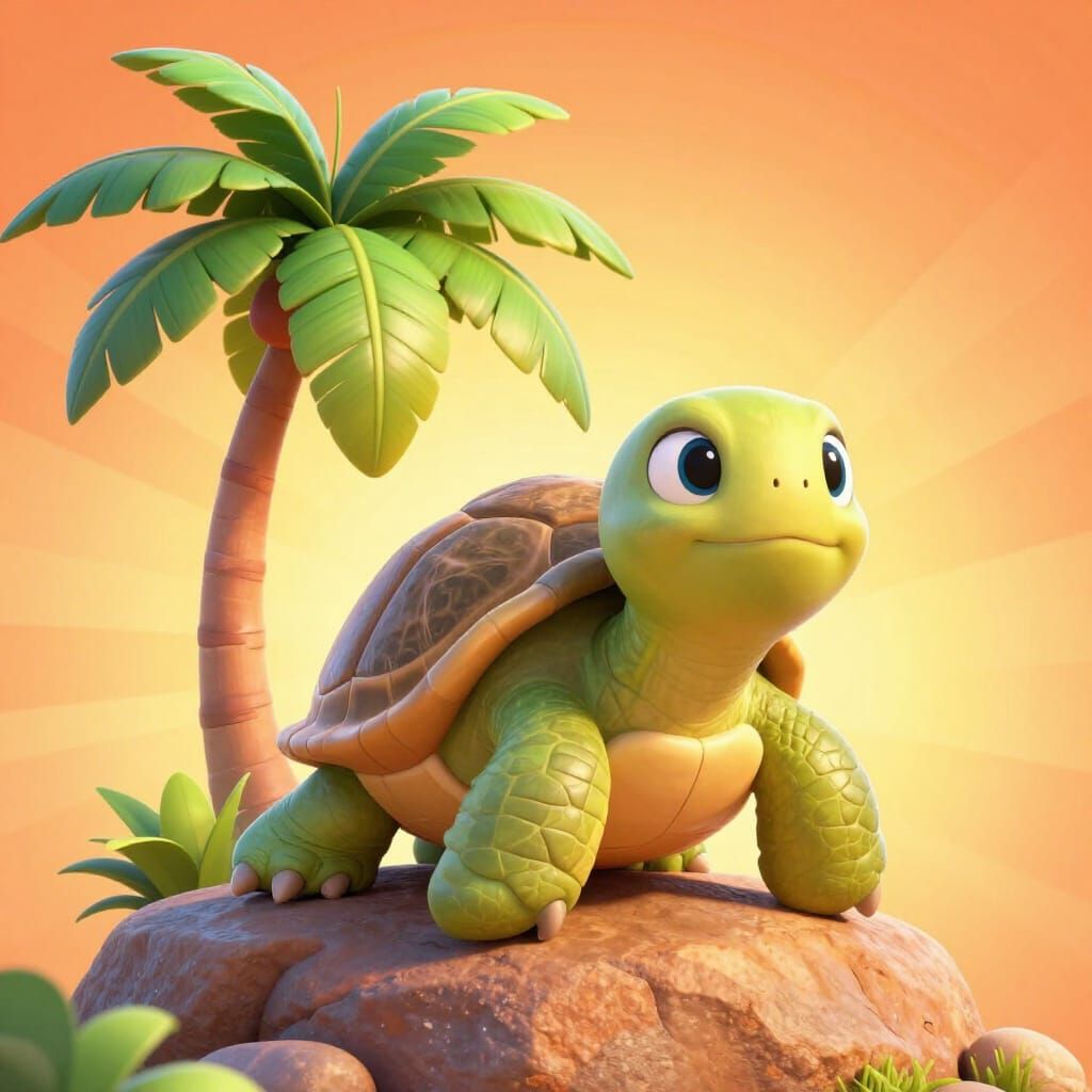 Happy Cartoon Turtle Basking in Tropical Sun