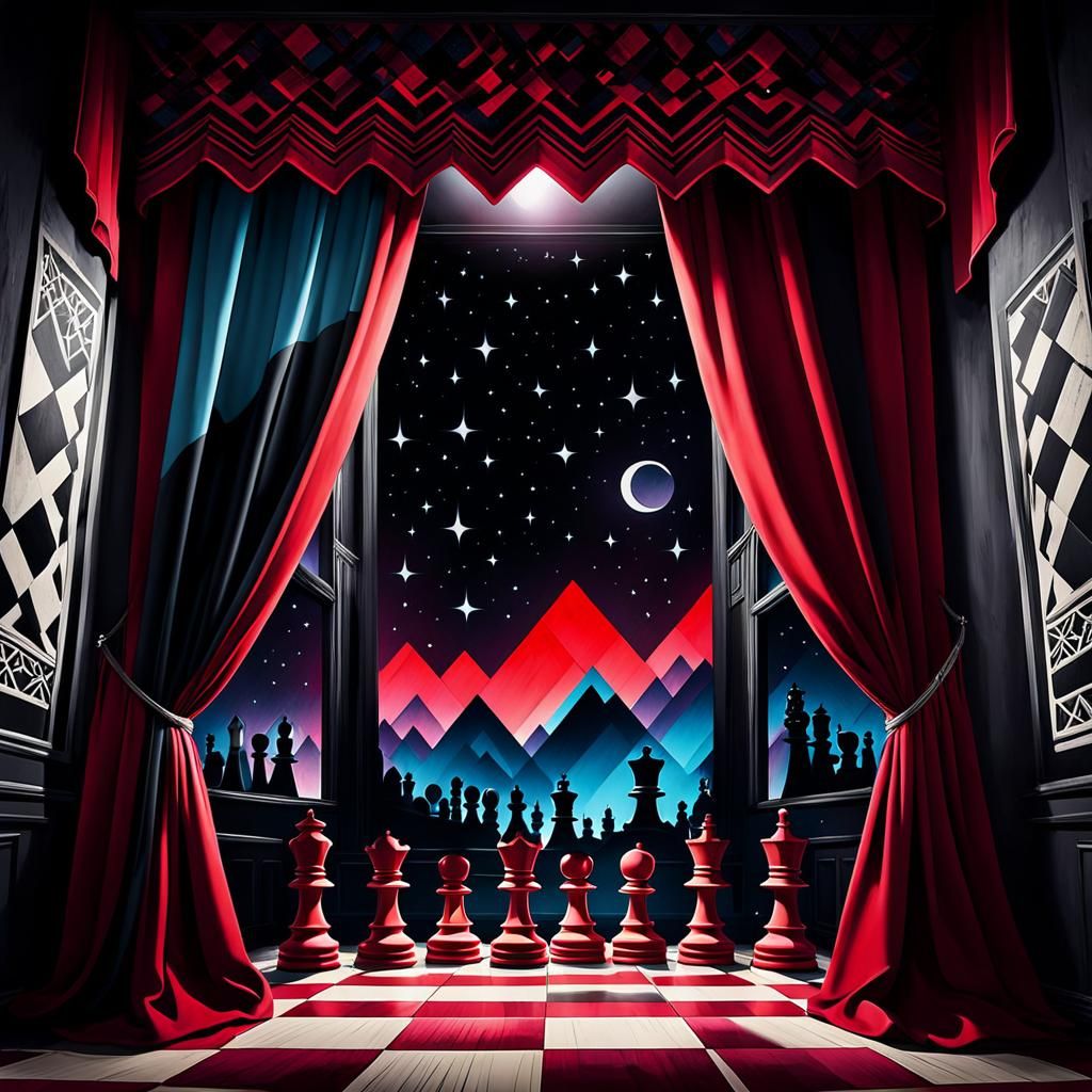 German Expressionist Chess Figures in Polychromatic Night