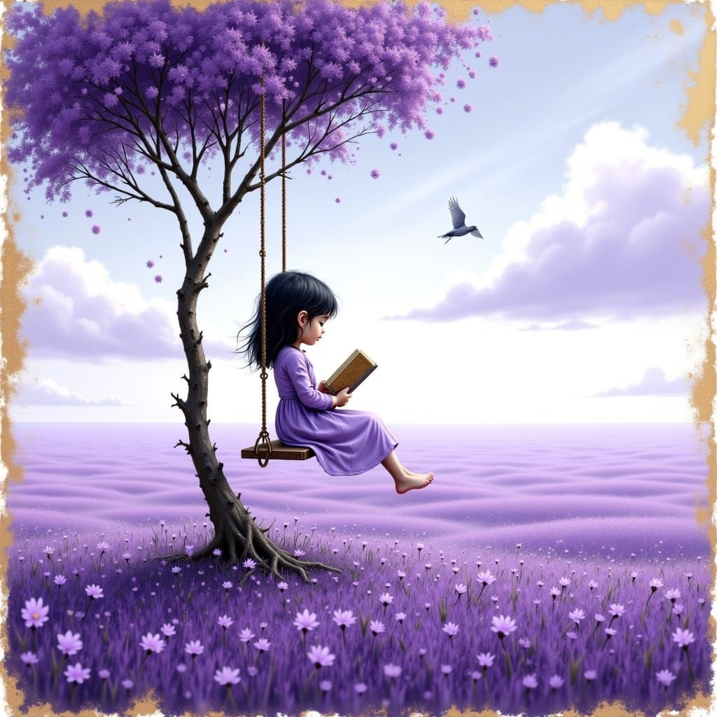 Dreamy Lavender Field Scene with Young Girl Reading