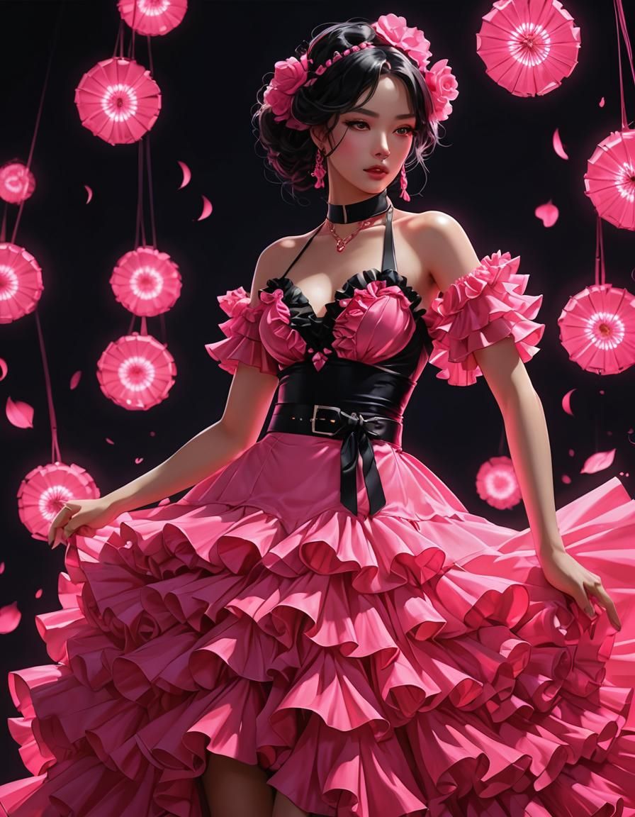 Neon Pink Flamenco Dress in 3D Anime Style
