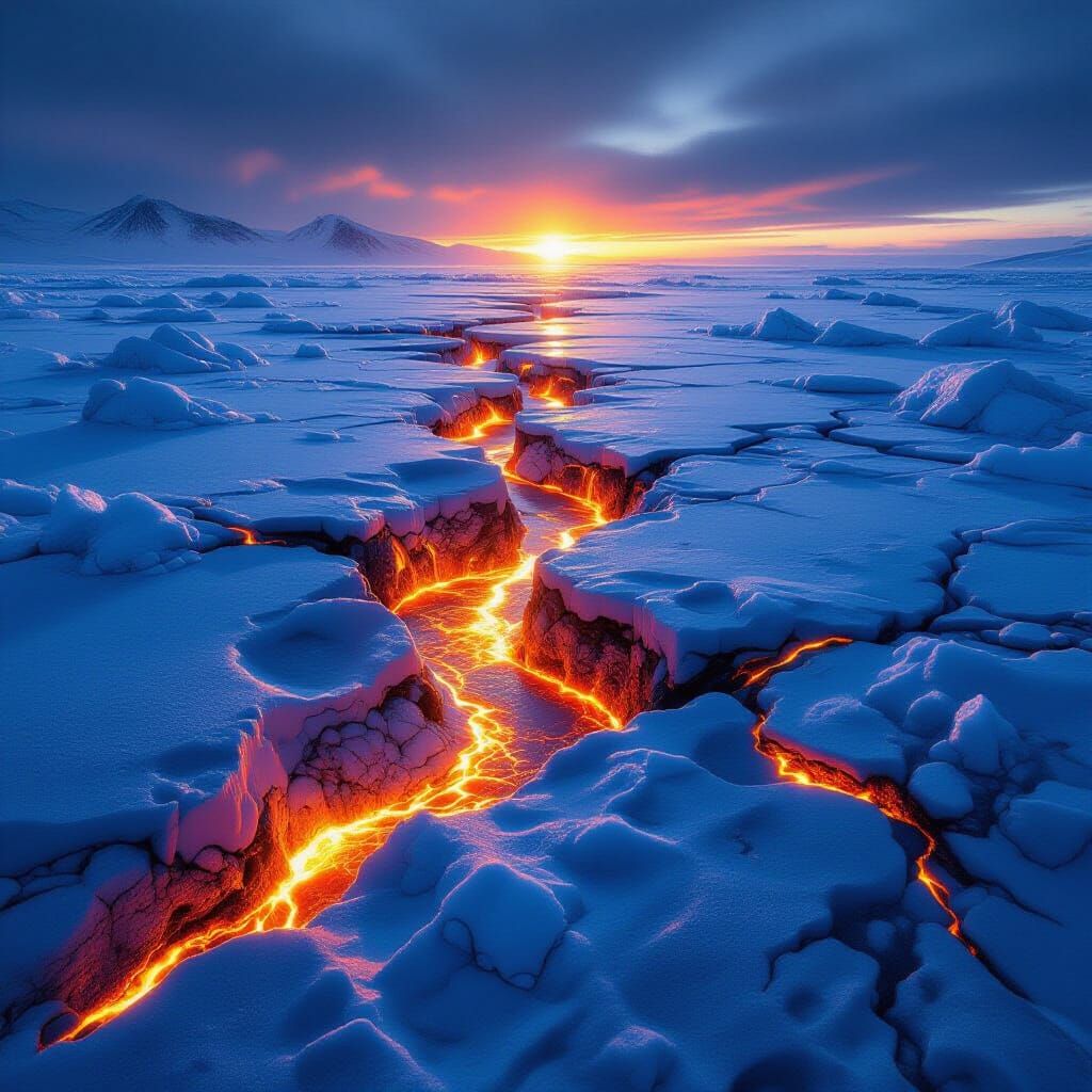 Fire and Ice: Lava Streams Through Frozen Landscape