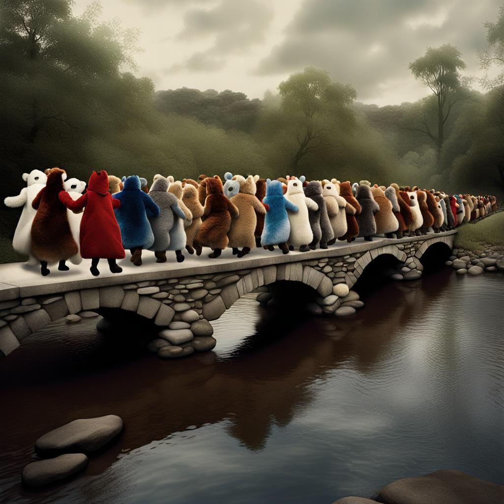 Furry Dancers on Stone Bridge: A Photorealistic Scene