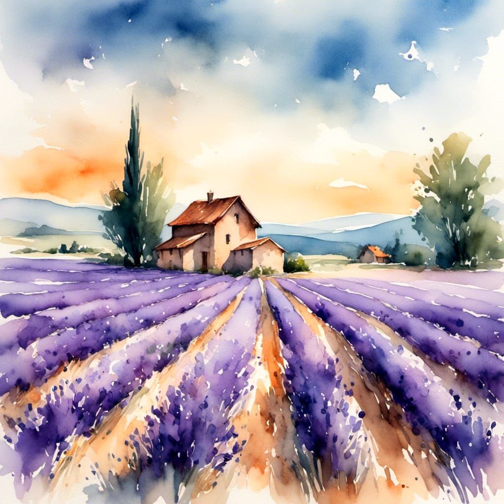 Serene Watercolor Lavender Field with Cypress Trees