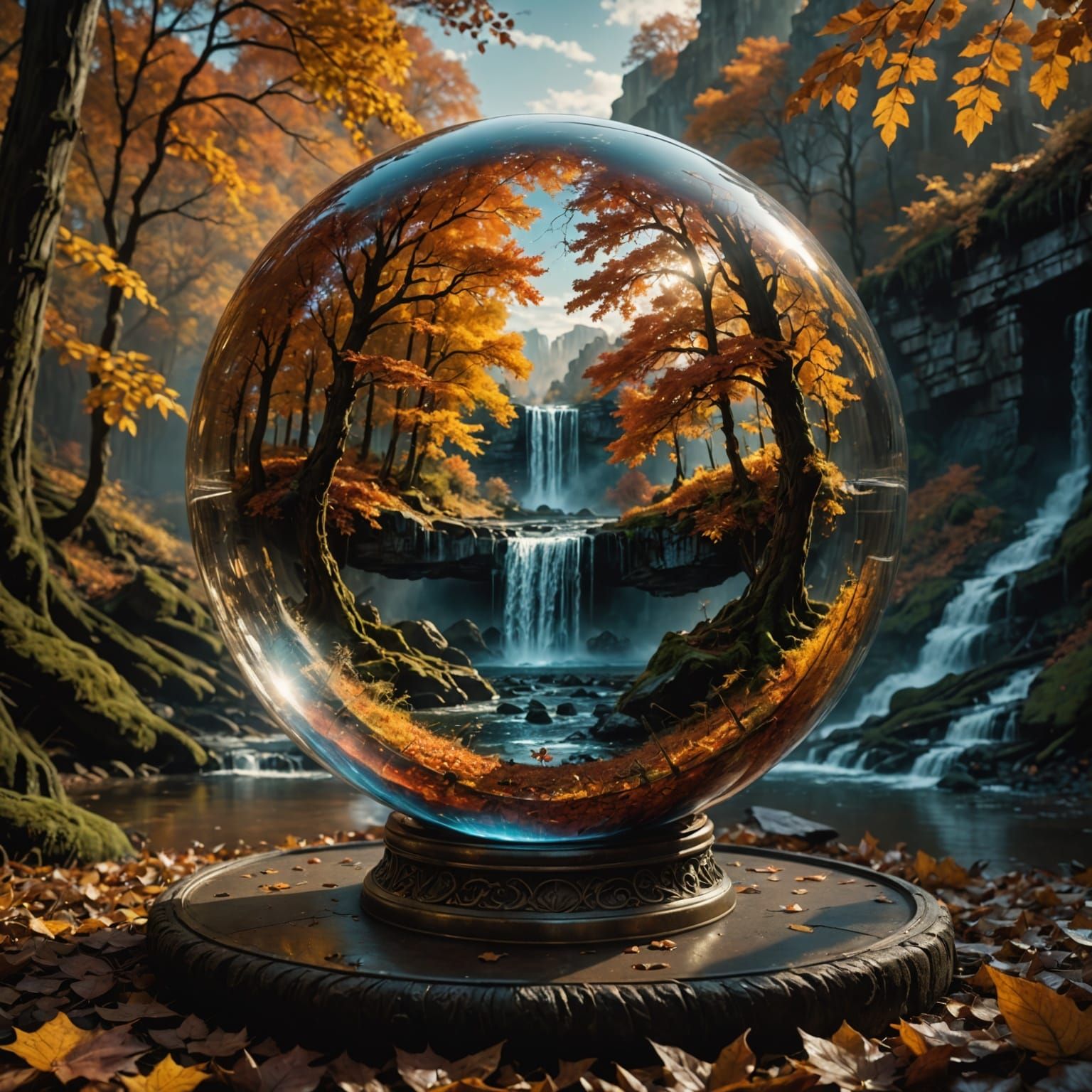 Autumn Waterfall Inside Glass Orb Cinematic Digital Painting