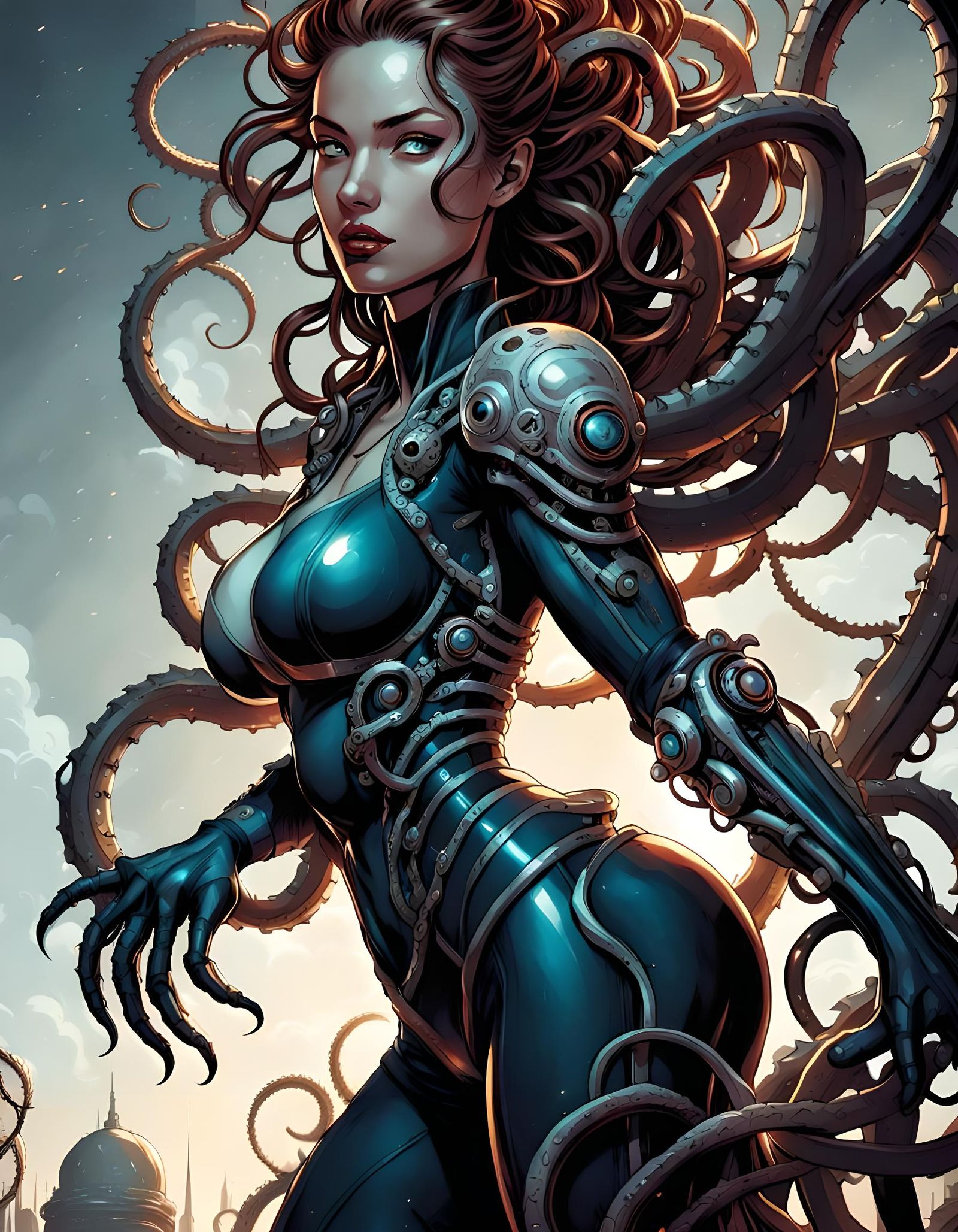 Mechanical Tentacles Embrace a Beautiful Woman