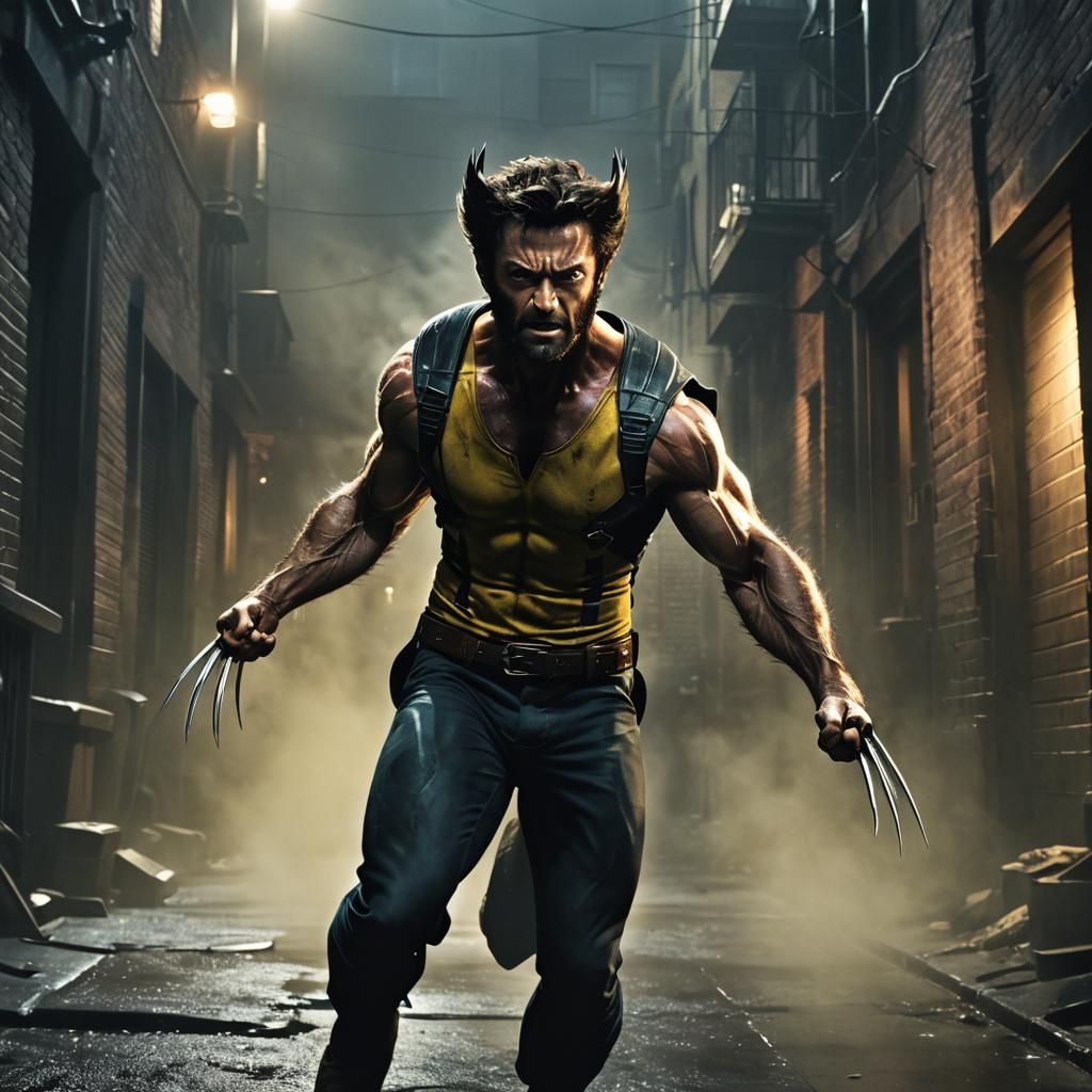 Wolverine in Dark Alleyway: Cinematic Film Still