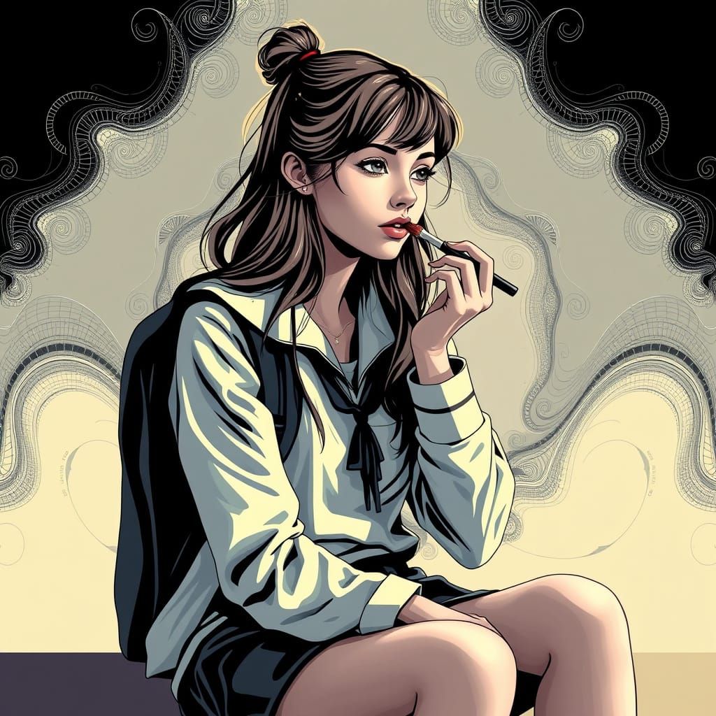 Young girl wearing preppy high school clothes sitting and applying her makeup