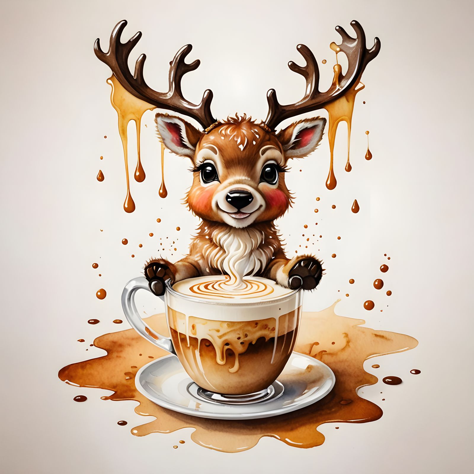 Latte Art of Baby Reindeer in Watercolor Style