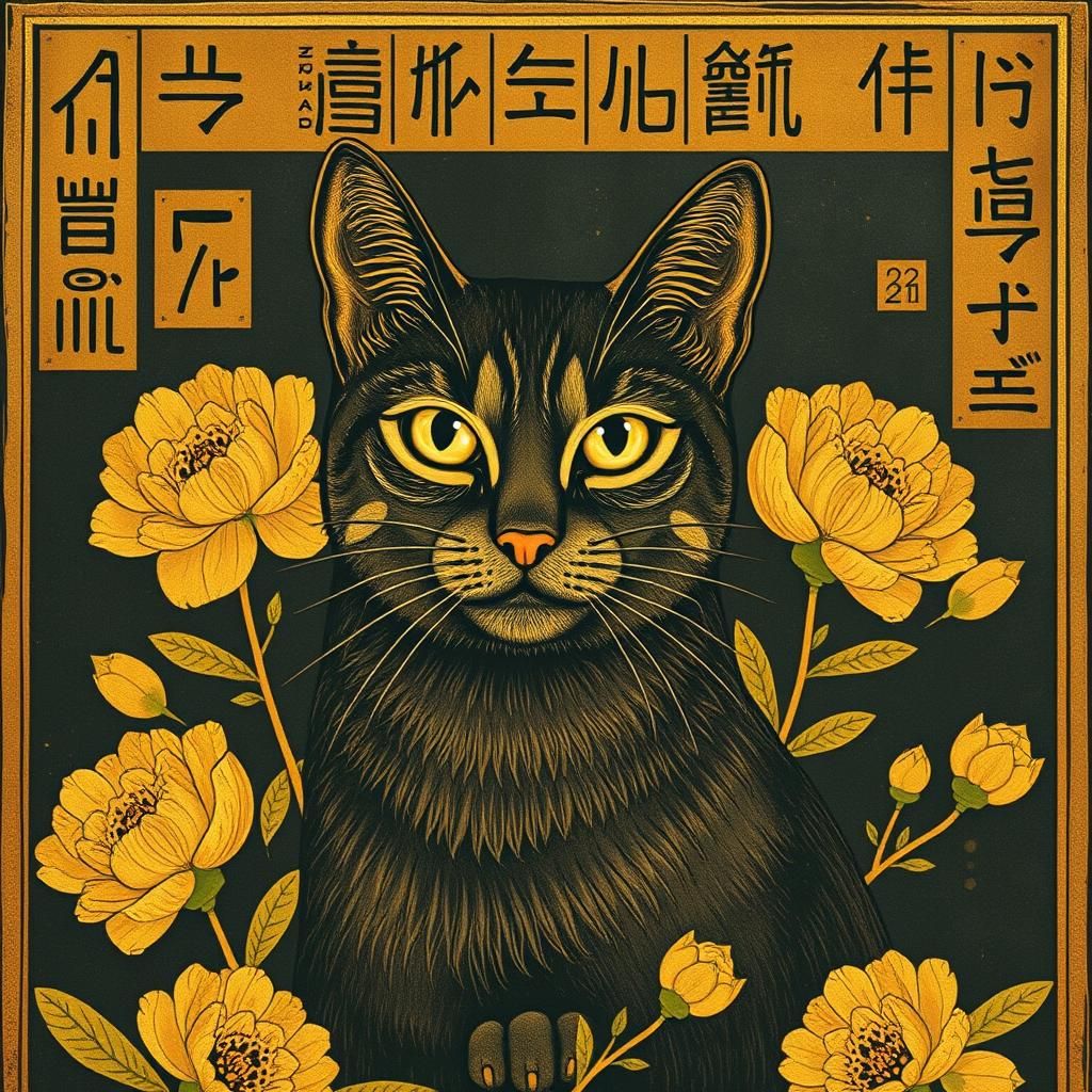 Klimt Cat with Gold Peonies and Hieroglyphs